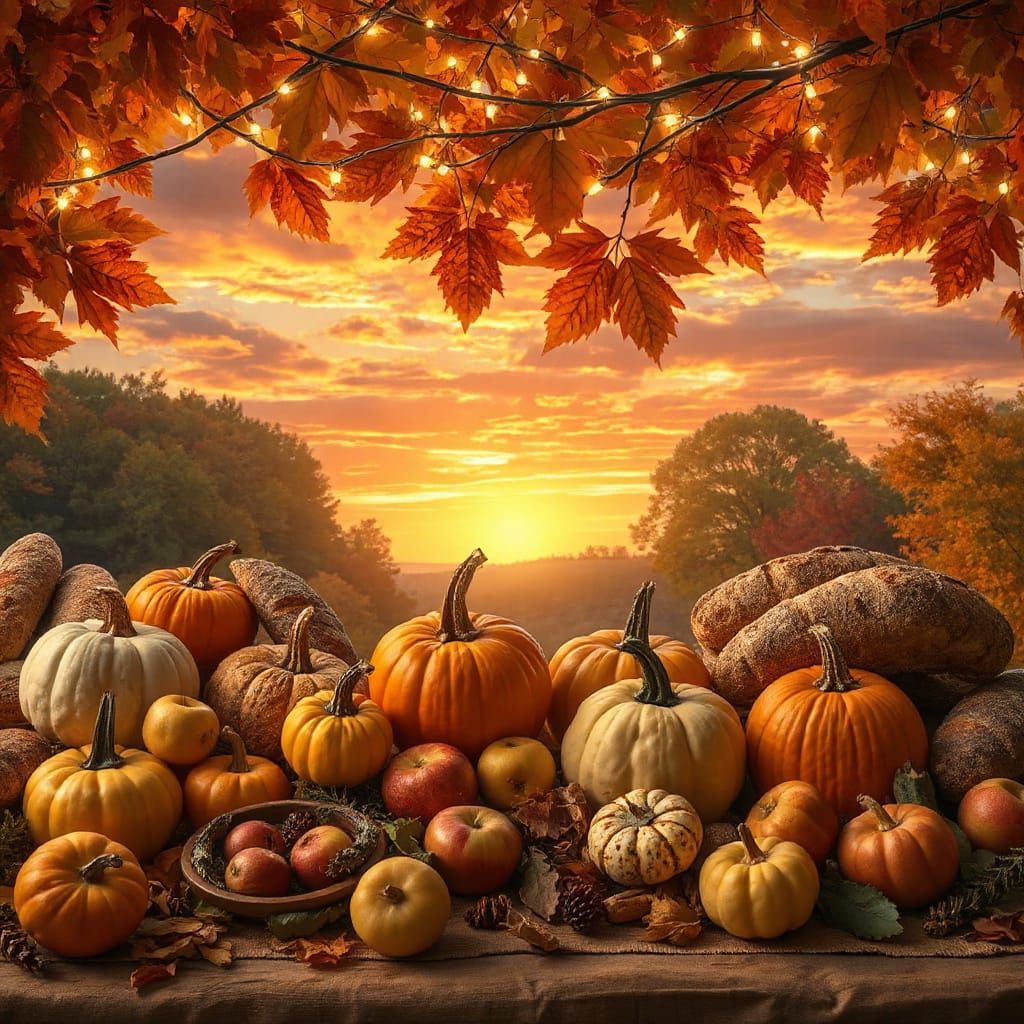 Festive Harvest Table Under Autumn Sky with Fairy Lights