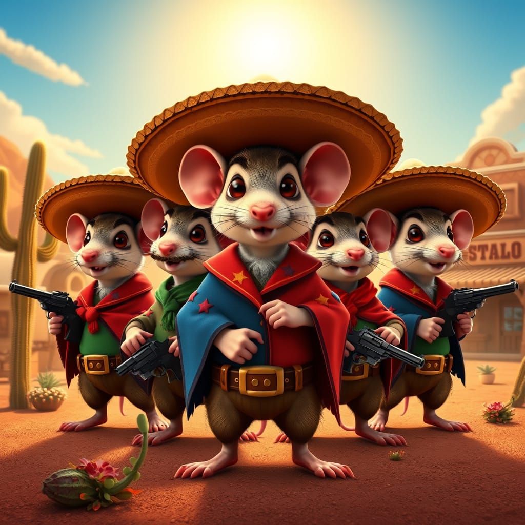 Pixar-Style Mice Bandits in Desert Scene