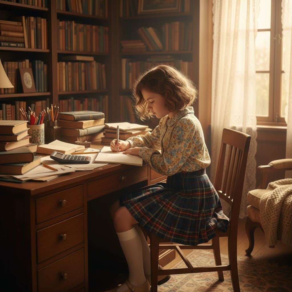 Girl Doing Homework in Cozy Vintage Room