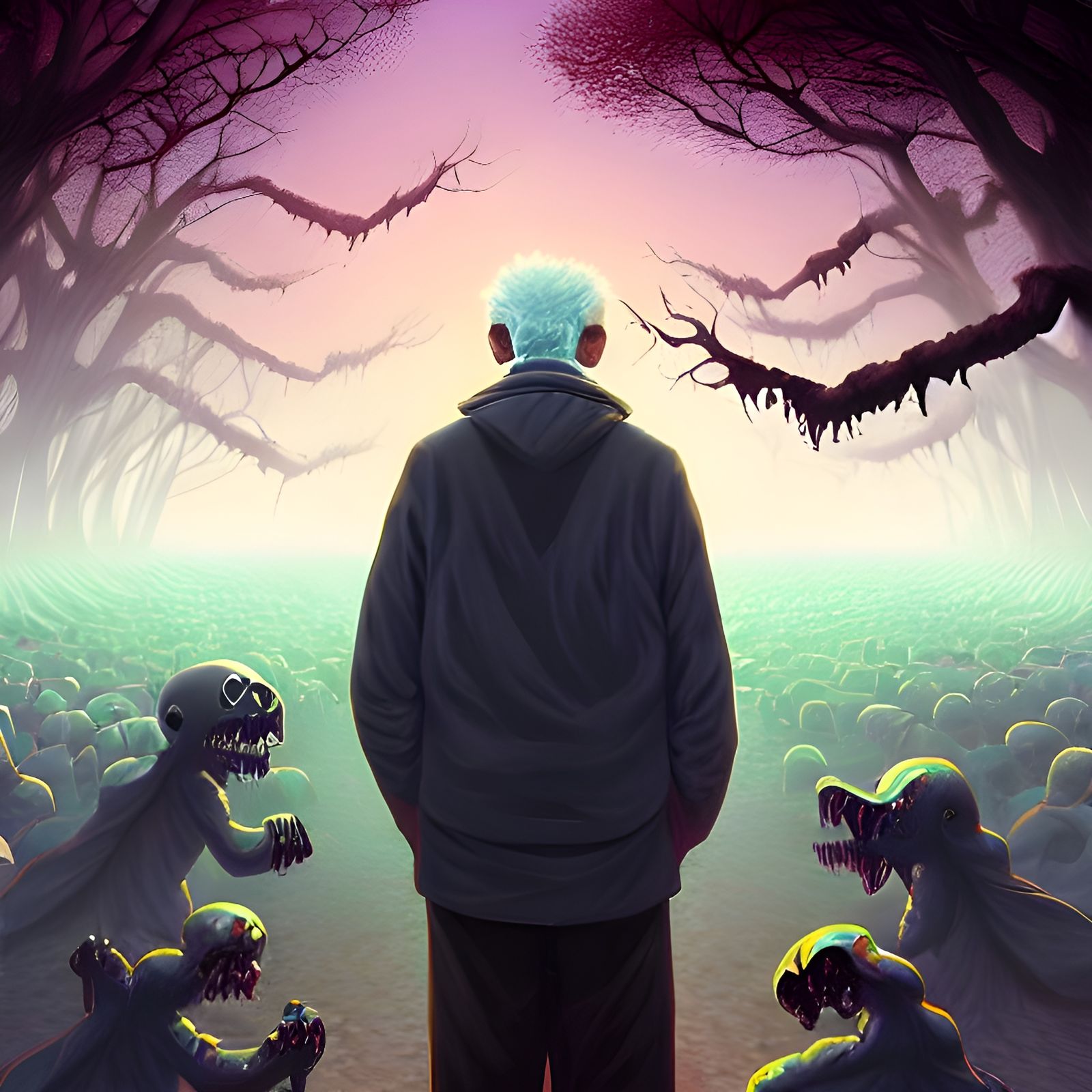 Elderly Man Surrounded by Undead, Digital Artwork