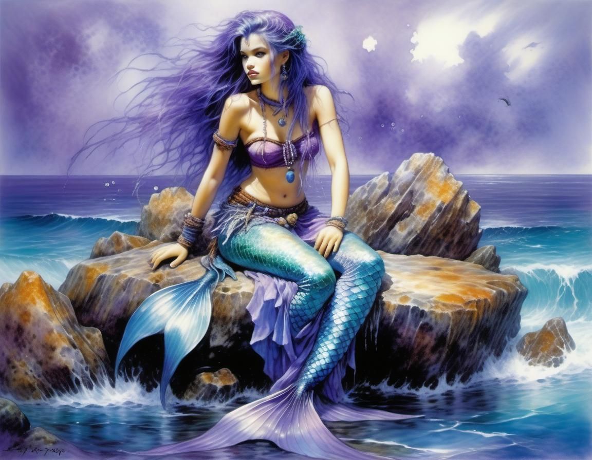 Blue-Haired Mermaid in Tropical Sea, Fantasy Art