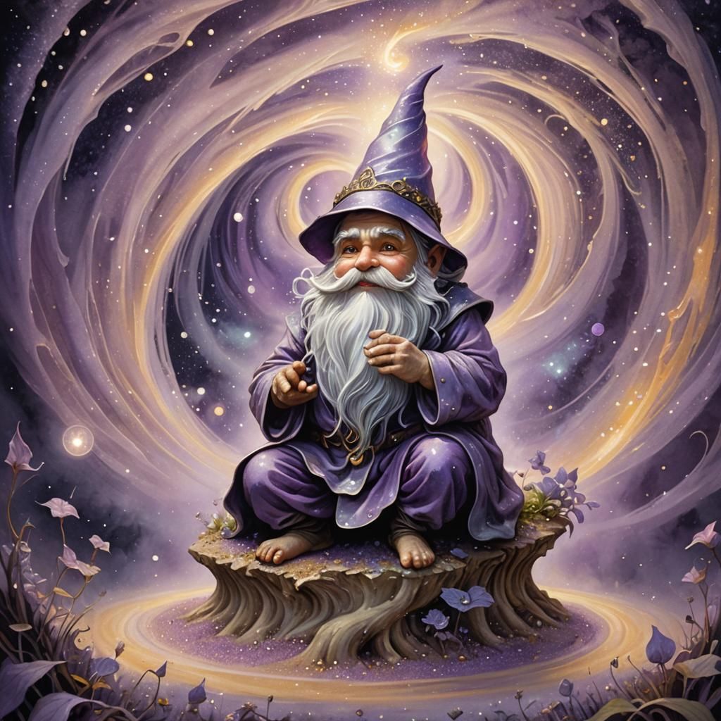 Gnome in Purple Vortex: Mystical Fantasy Illustration