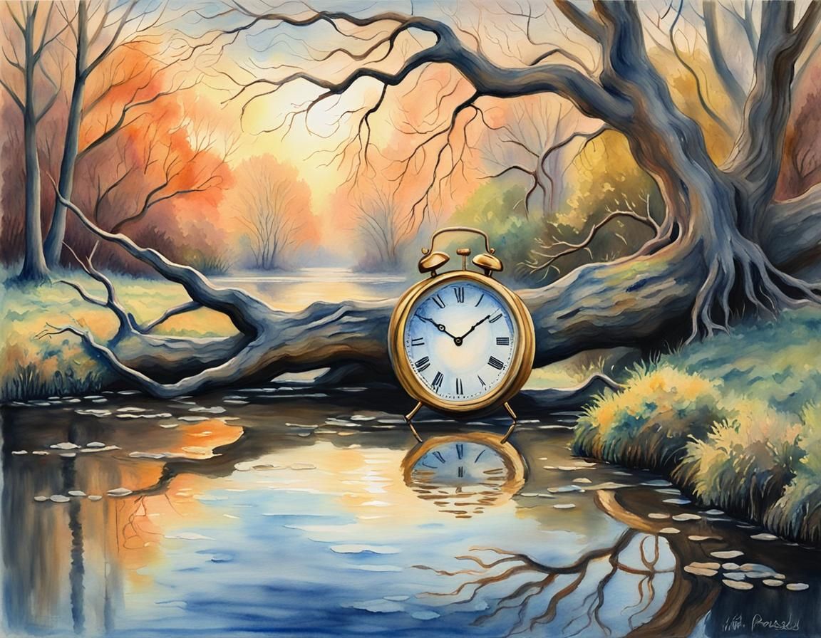 Melting Clock in Serene Landscape: Impressionistic Watercolo...
