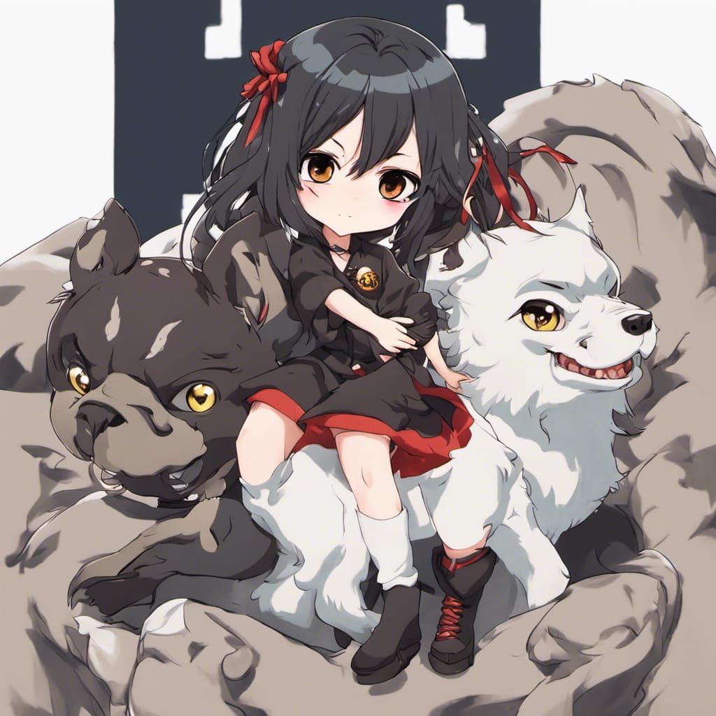 Chibi Girl Riding Cerberus in Anime Style