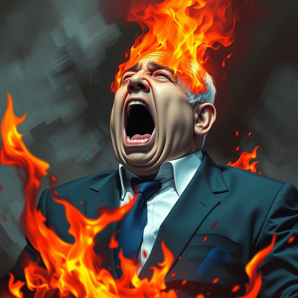 Osraeli Leader in Agony, Tormented by Flames in Hellish Scen...