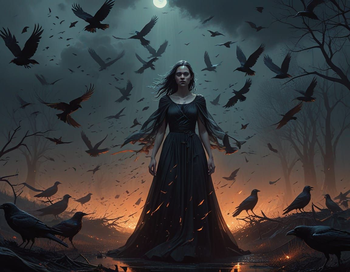 Mysterious Woman in Darkness Surrounded by Crows