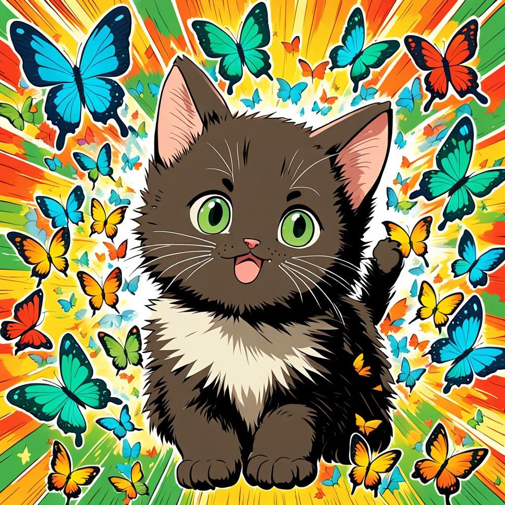 Cute Kitten Surrounded by Butterflies in Anime Style