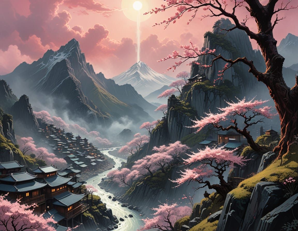 Surreal Sakura Blossom in Futuristic Japanese Village