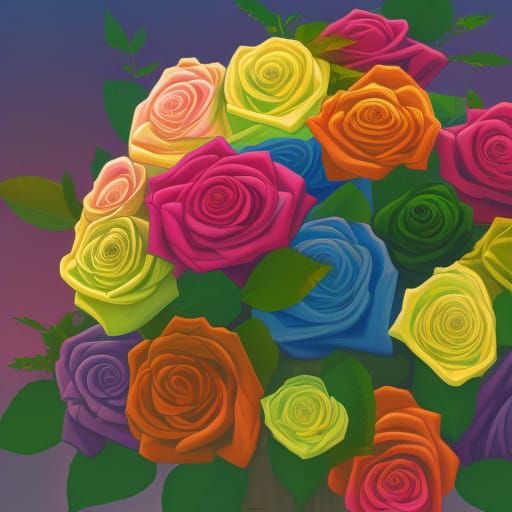Rainbow Roses Bouquet in Studio Ghibli Style