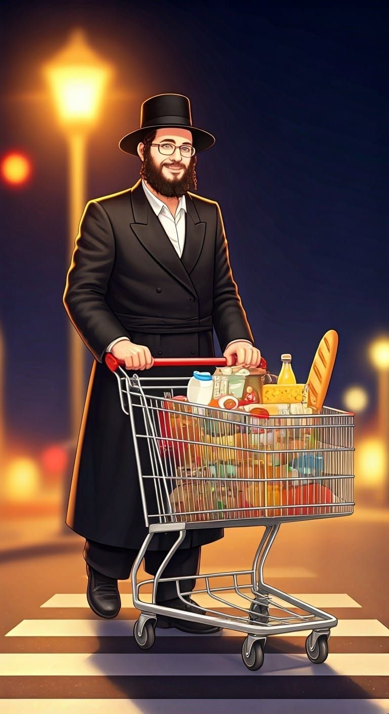 Orthodox Jewish Man with Shopping Cart, Line Illustration