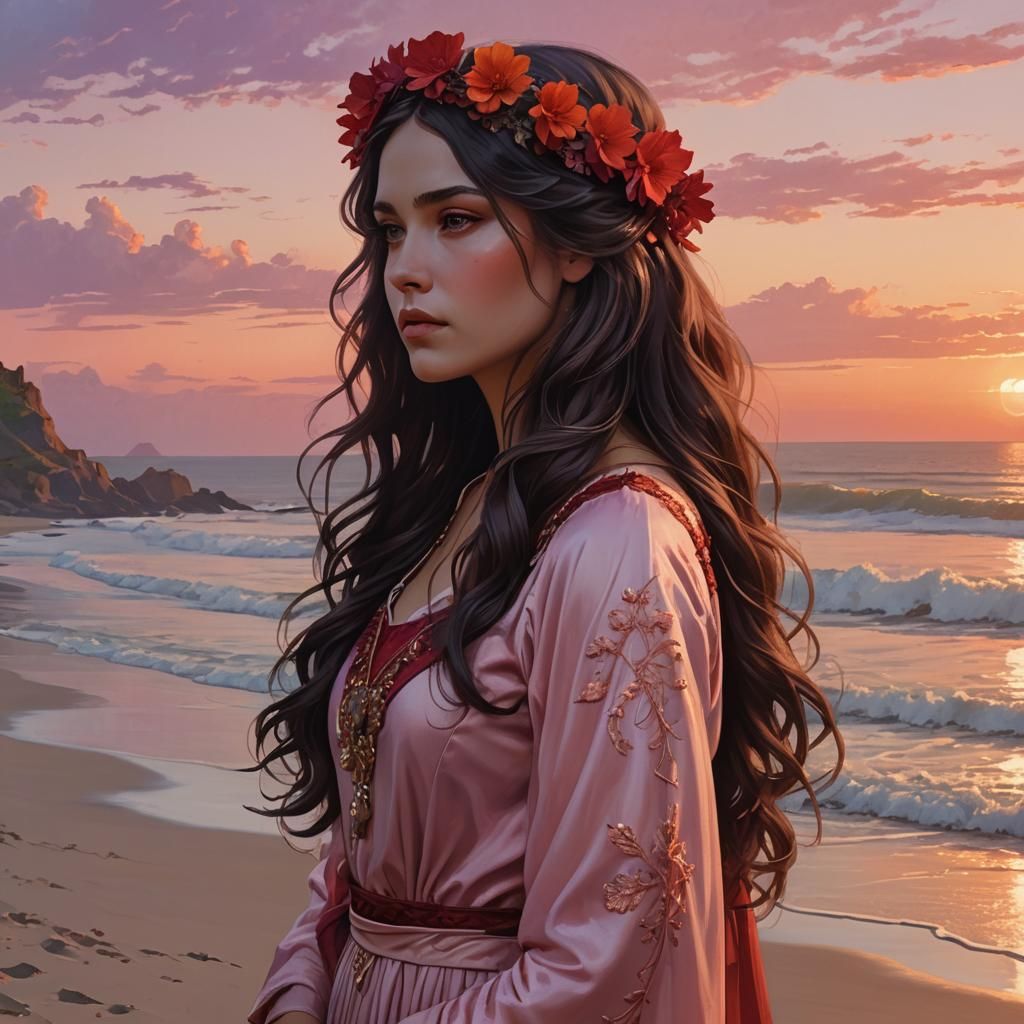 Renaissance Woman Gazing at Sunset, Hyperdetailed Portrait