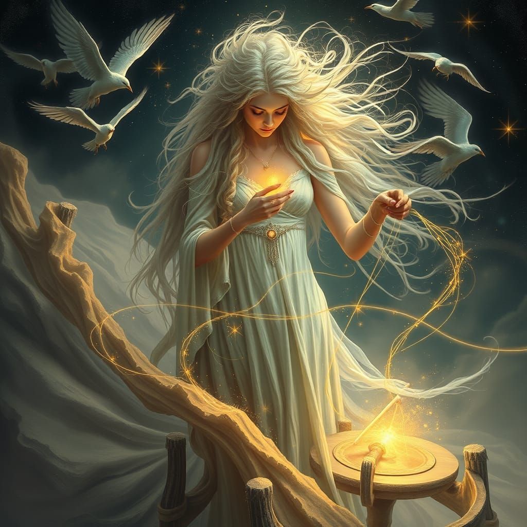 Ethereal Goddess of Fate Weaves Destiny Amidst Cosmic Vortex