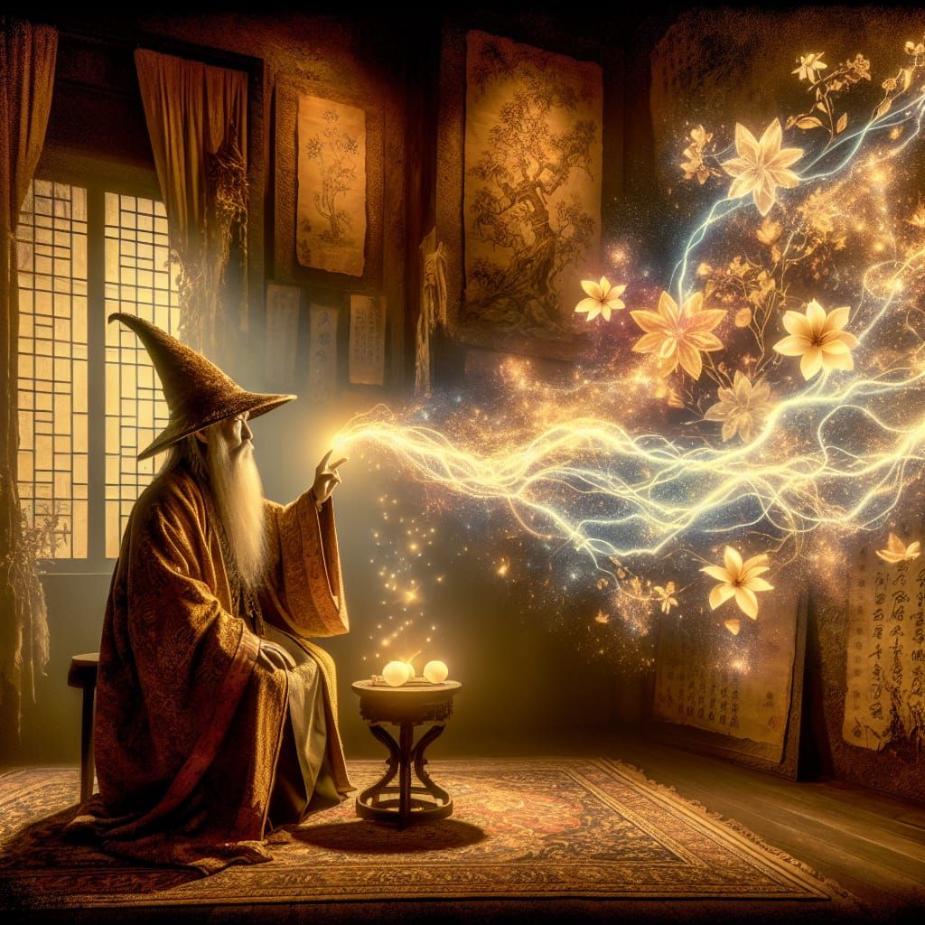 Wizard Casting Spell with Lightning and Flowers