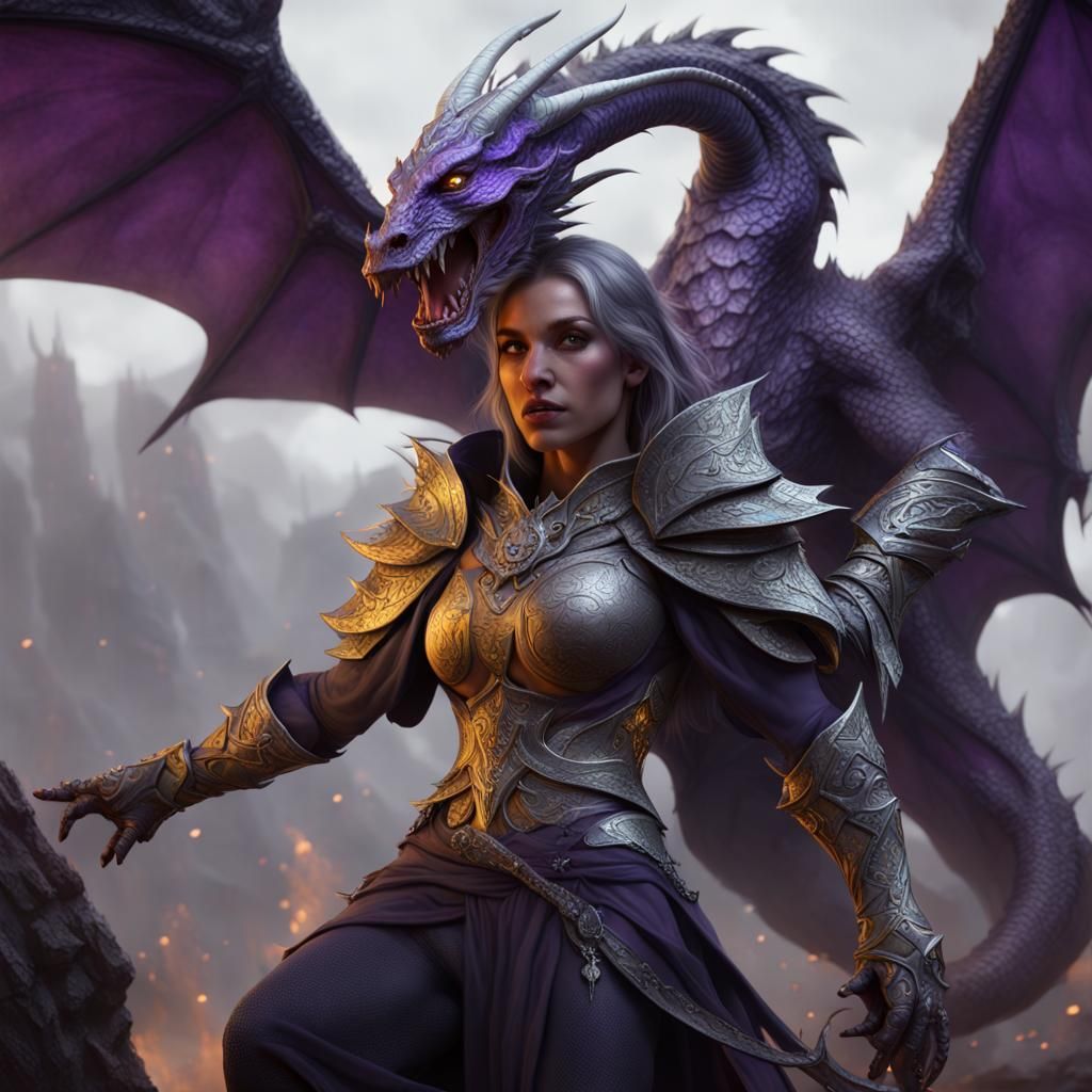 Hobgoblin Woman and Silver Dragon in Dark Fantasy Style