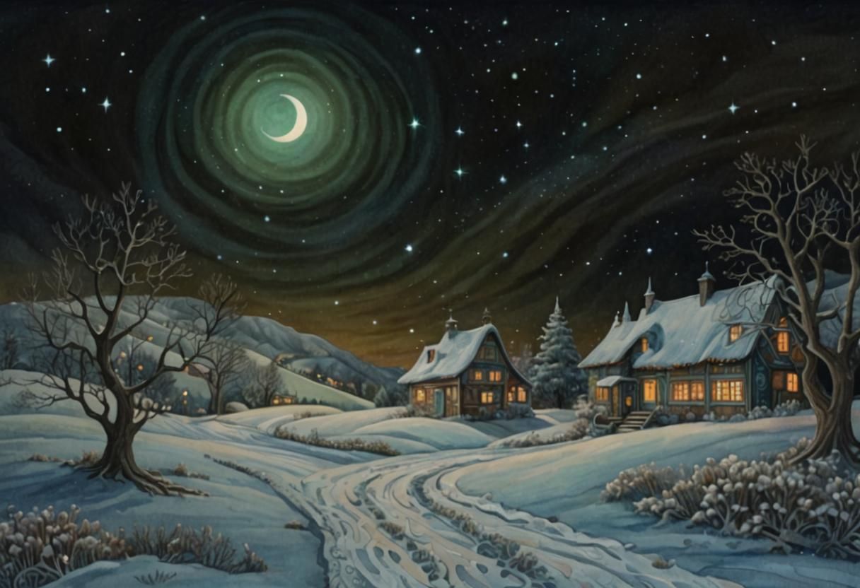 Winter Night Landscape in Gouache Watercolor Style