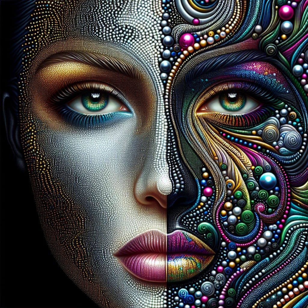 Surreal Portrait of a Woman in Pointillism and Intricate Pat...