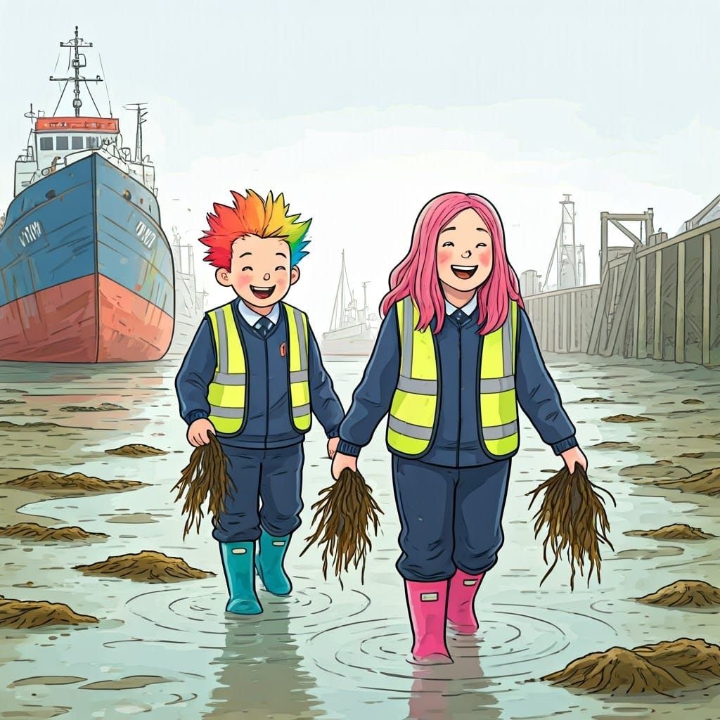 Boys Explore Mudflats: Whimsical Colorful Illustration