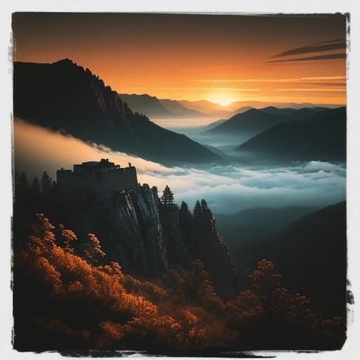 Dragon Soaring Through Misty Valley at Sunset