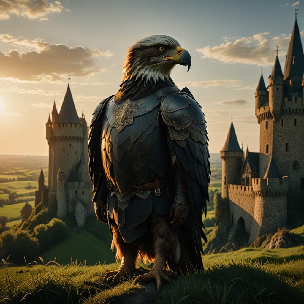 Eagle in Regal Armor Ascends Medieval Castle