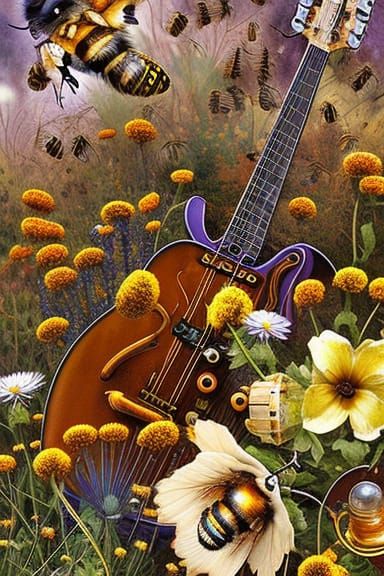 Steampunk Art Nouveau Guitar with Bees and Wildflowers