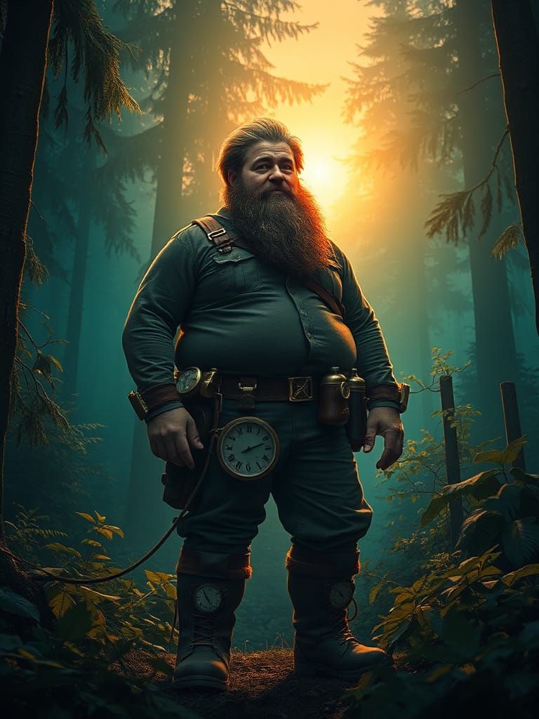 Steampunk Explorer Lost in Misty Forest Wilderness