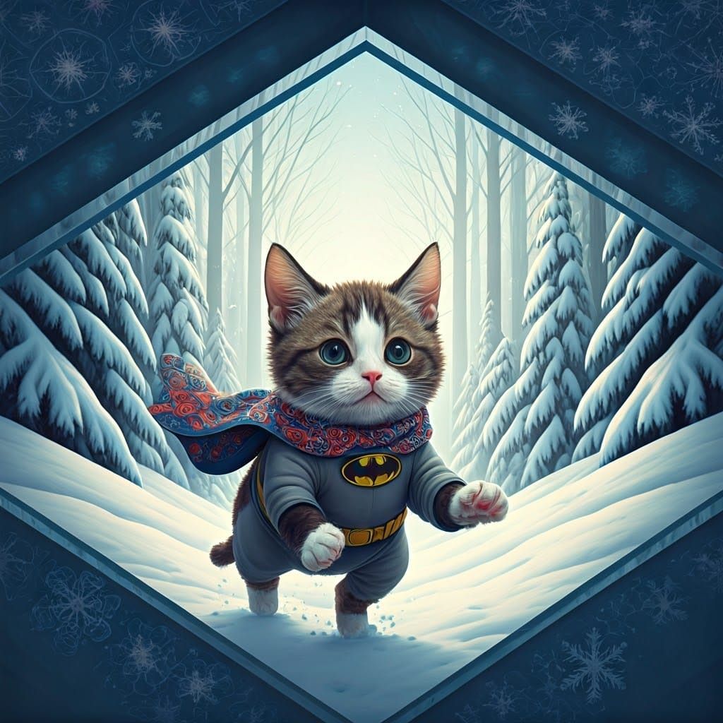 Whimsical Cat in Batman Suit Chases Robin in Surreal Snowy W...