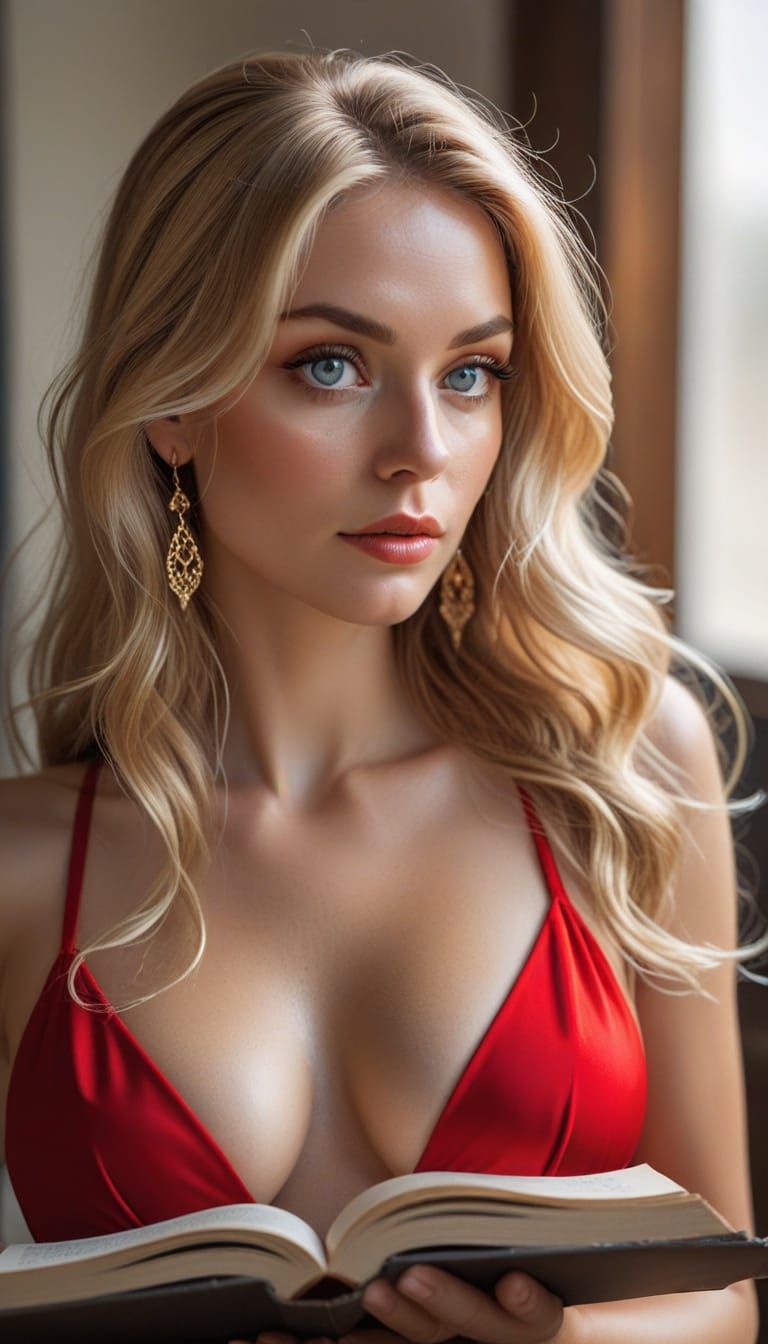 Giant Blue Eye Reflects Woman Reading by Wine