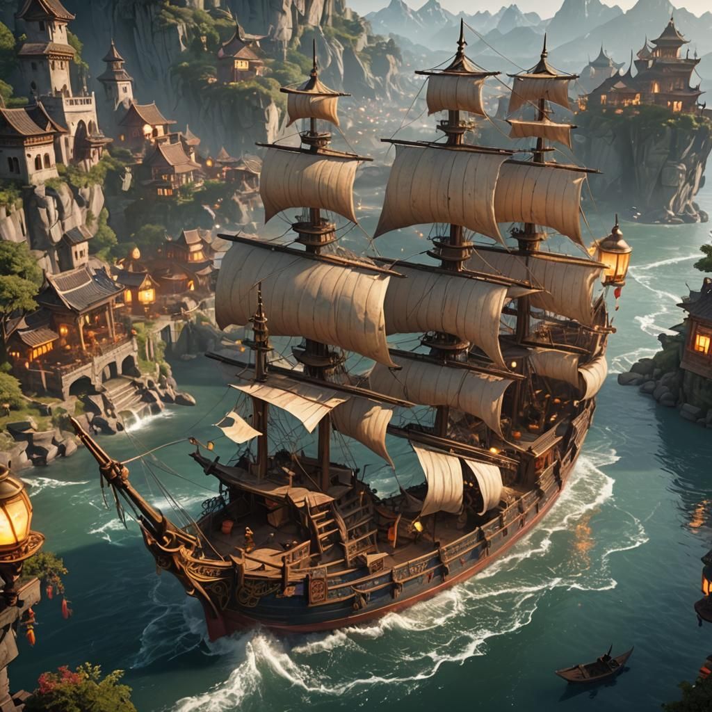 Galleon at Night with Lanterns: Fantasy Concept Art