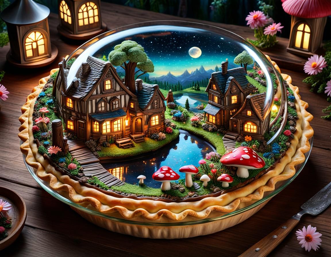 Fairytale Village Inside Glass Pie Slice: Digital Art