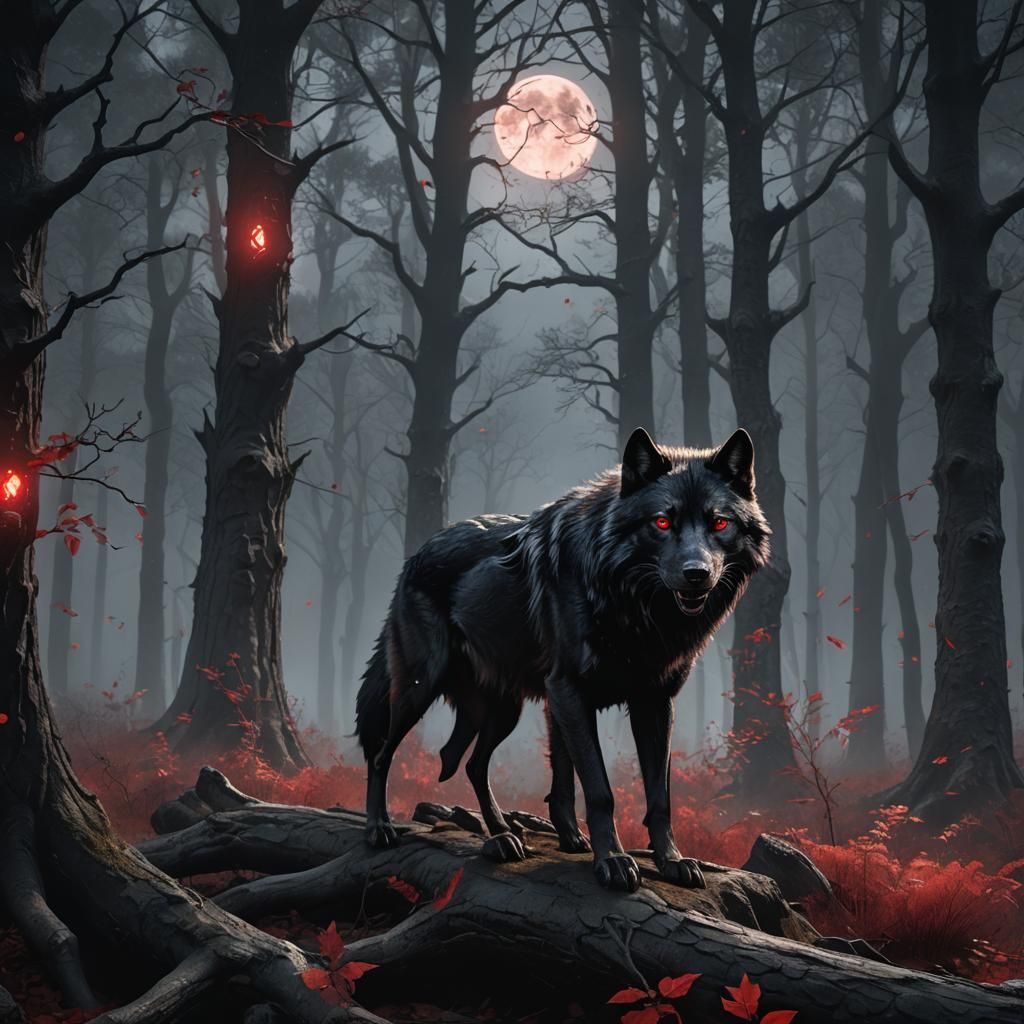 Mystical Black Wolf Pack in Moonlit Forest