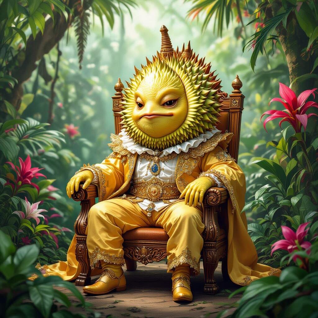 Regal Durian Fruit on Mango Throne, Hyperrealistic Art