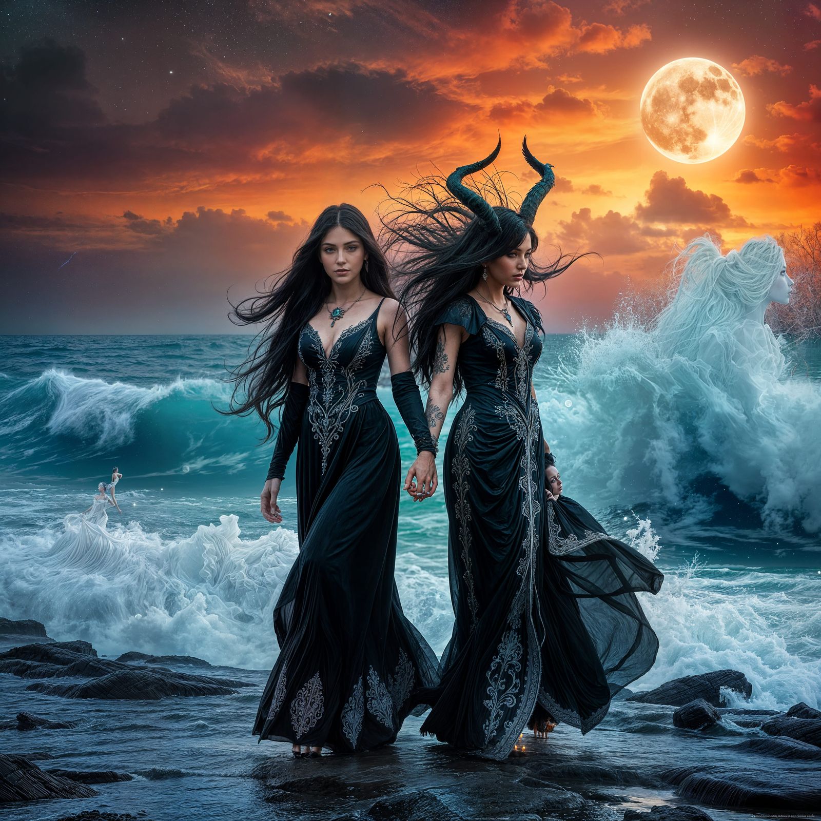 Gothic Goddess Morrighan and Nyx on Windswept Shoreline