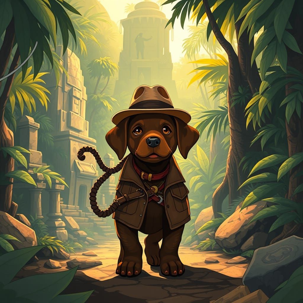 Labrador Puppy's Jungle Adventure in Travel Poster Style