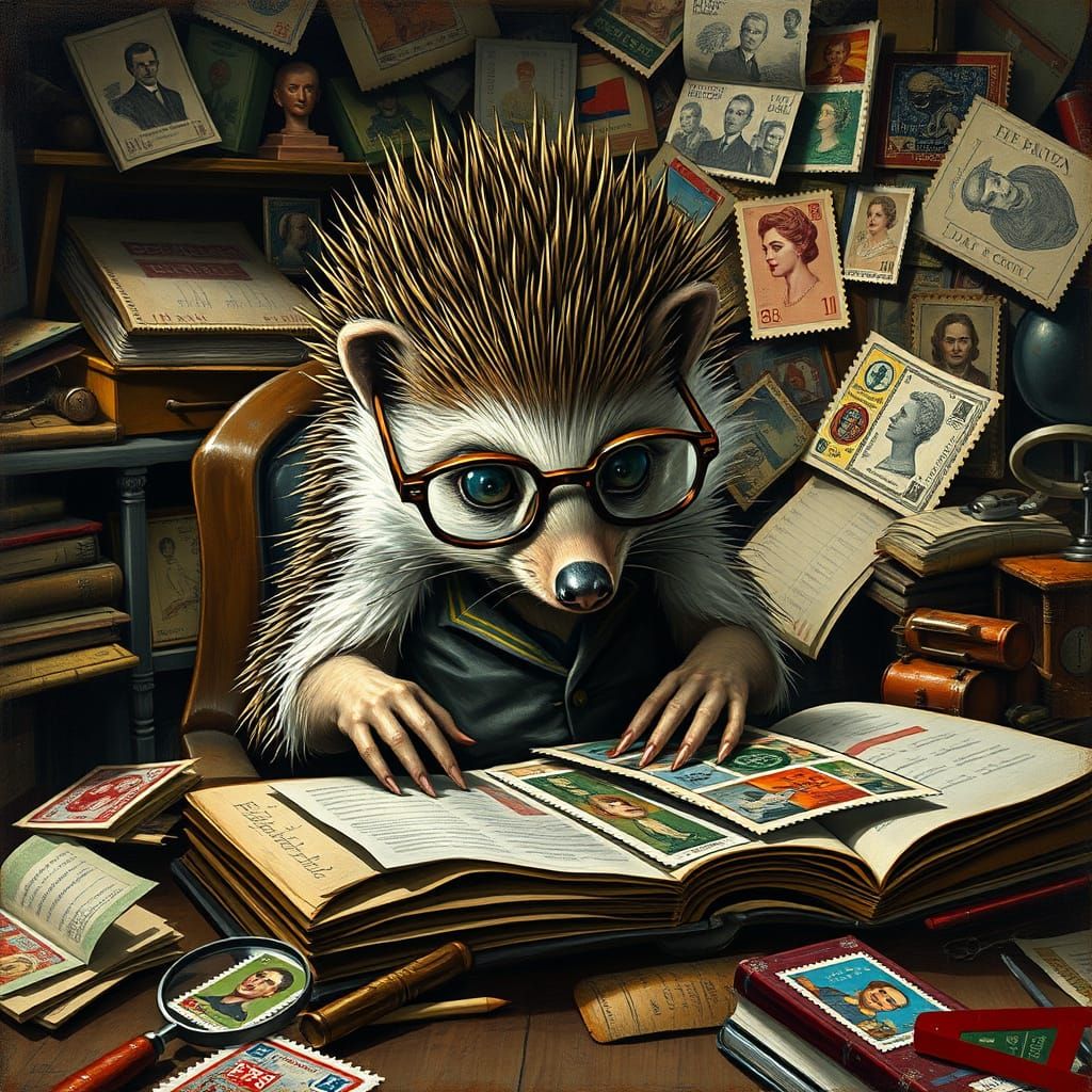 Hedgehog Philatelist in Expressionist Style