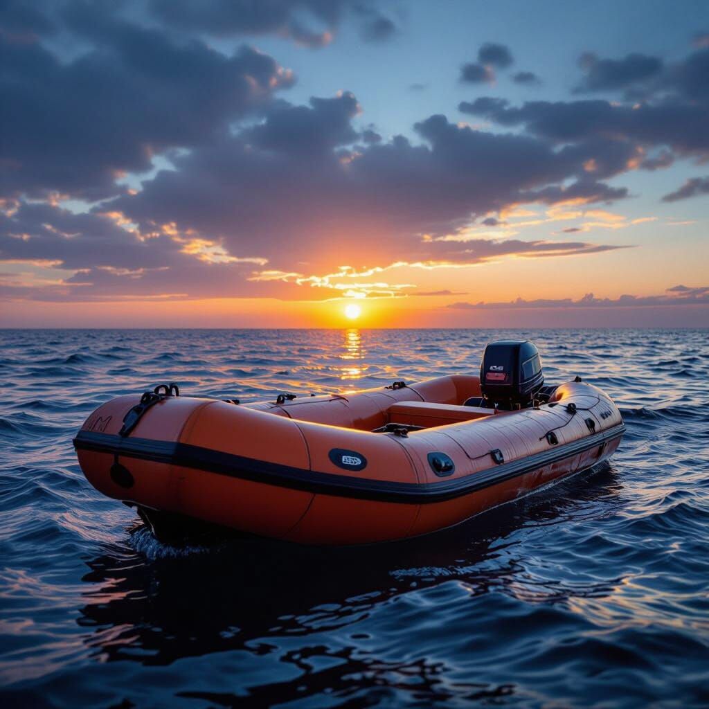 Hyperrealistic Inflatable Boat on Choppy Sea at Sunset