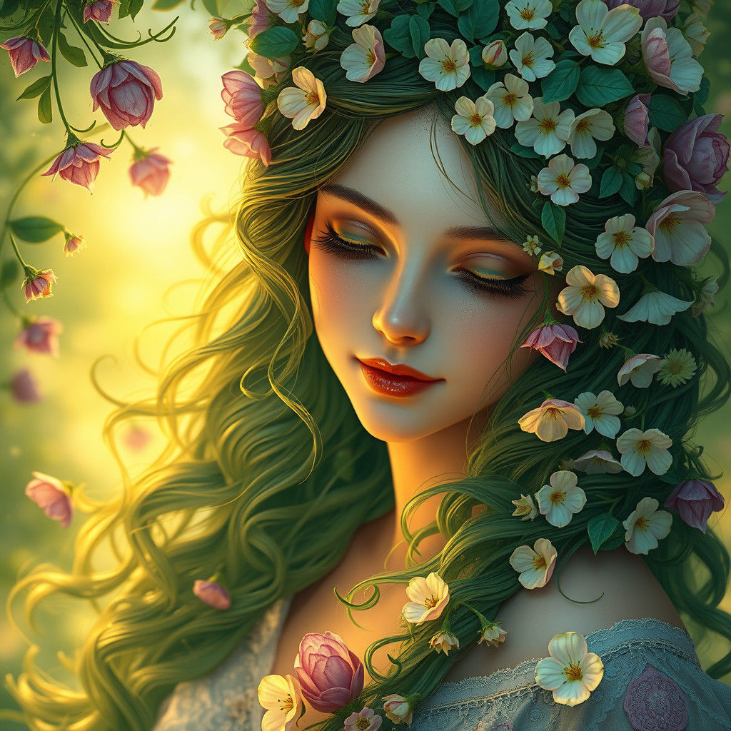 Ethereal Flower Girl Art Nouveau Portrait