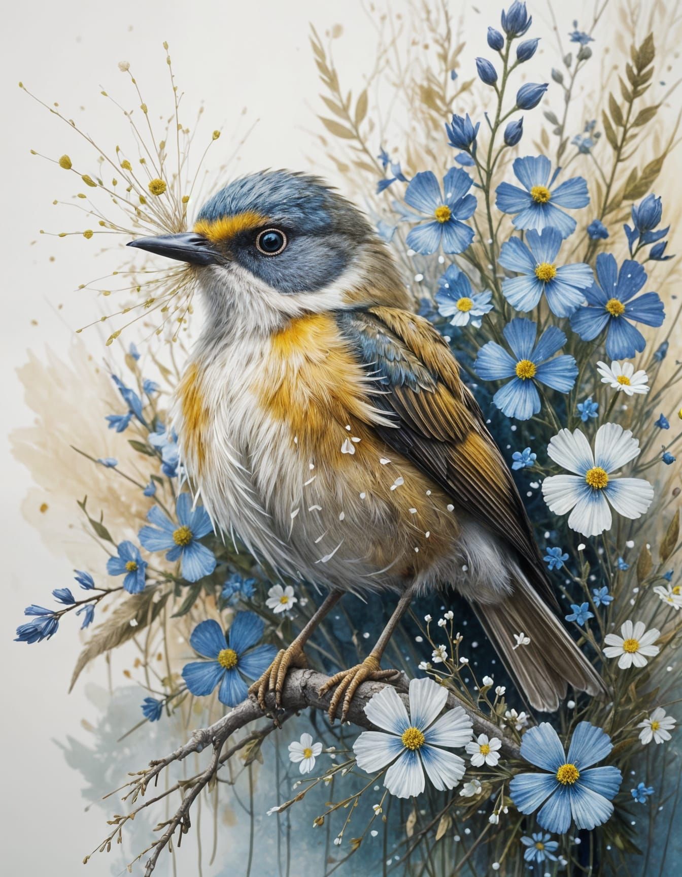 Yellow Bird on Flower Branch in Pastel Watercolor Style