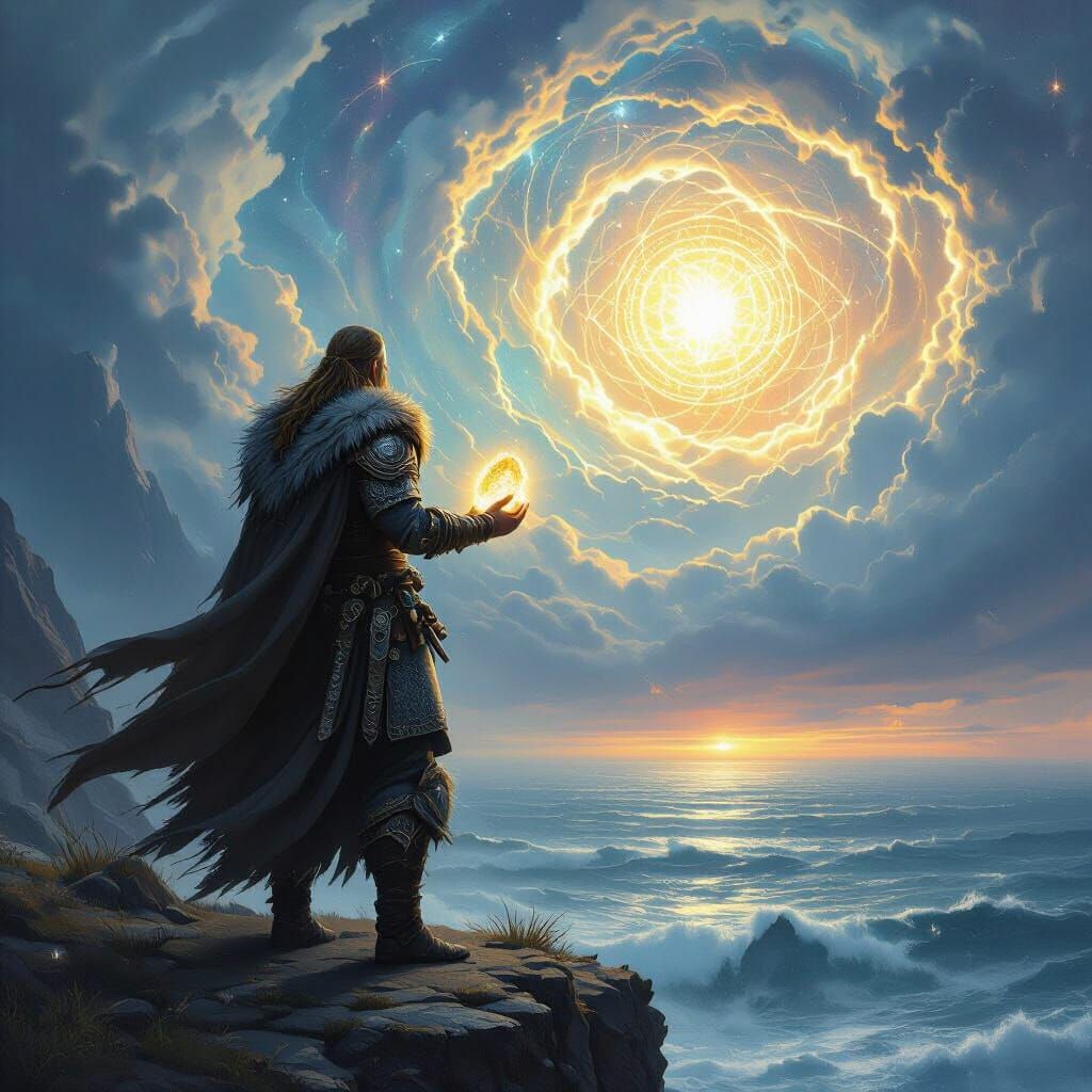Viking Warrior with Glowing Runestone Overlooking Stormy Sea