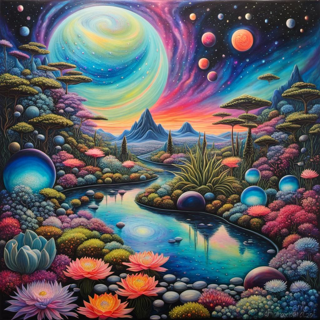 Futuristic Alien Zen Garden Under Cosmic Sky