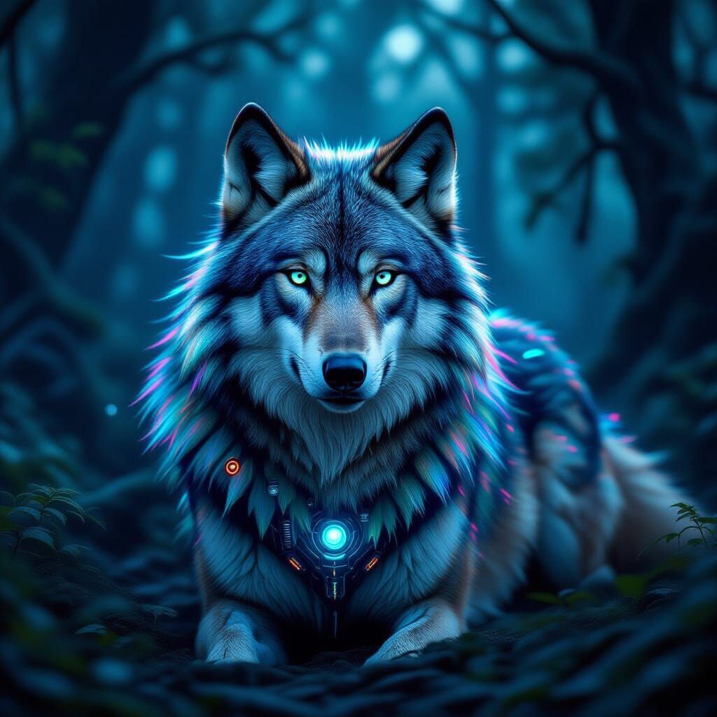 Bioluminescent Biomechanical Wolf in Mystical Forest