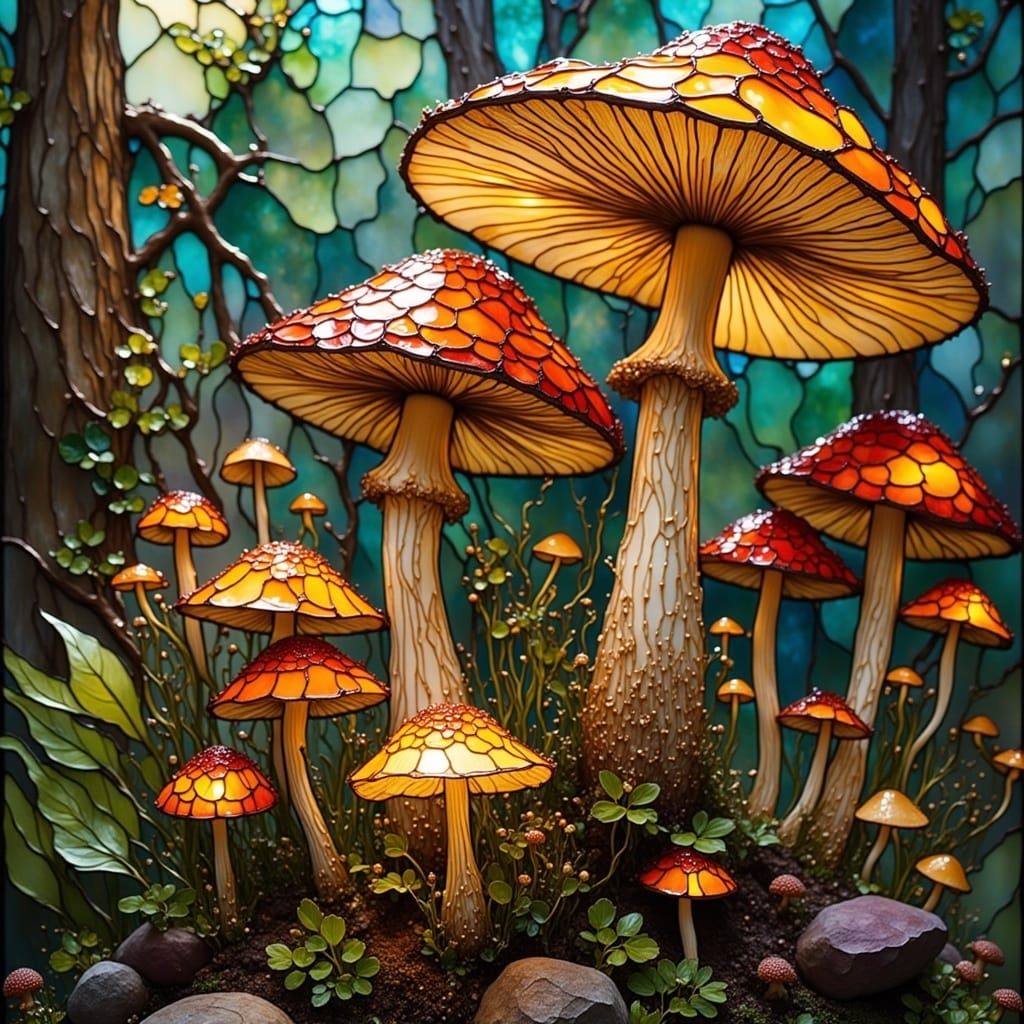 Bioluminescent Mushrooms in Stained Glass Style