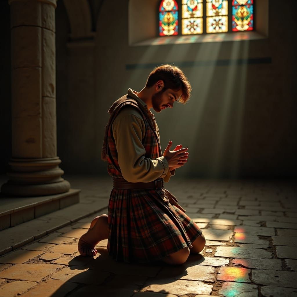 Man Kneeling in Prayer in Sunlit Chapel