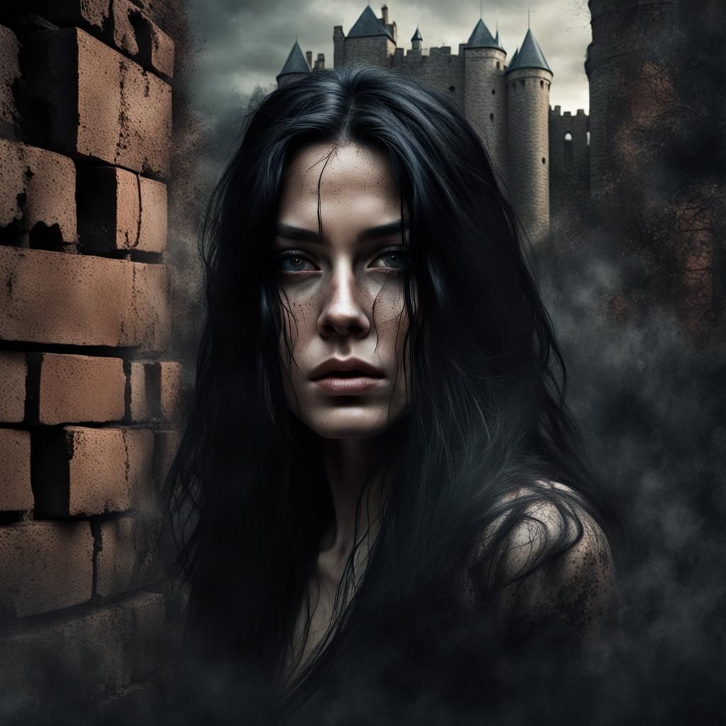Ominous Portrait of Woman with Castle Overlay