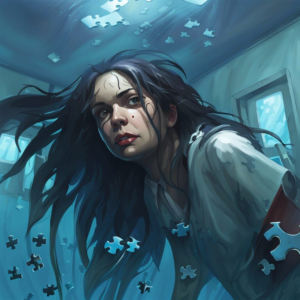 Sinister Underwater Hospital Room Filled with Puzzle Pieces