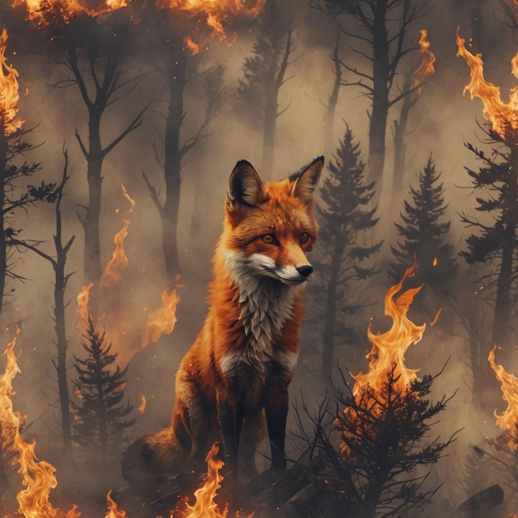 Fox Silhouette Wildfire Portrait in Double Exposure