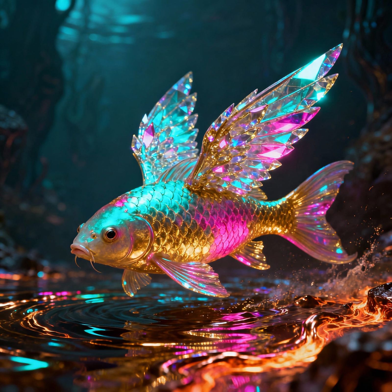Holographic Koi with Crystal Wings in Molten Water
