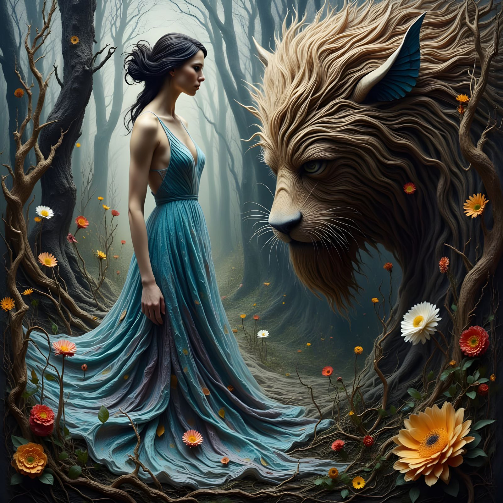 Woman and Beast in Forest, as Impasto Painting