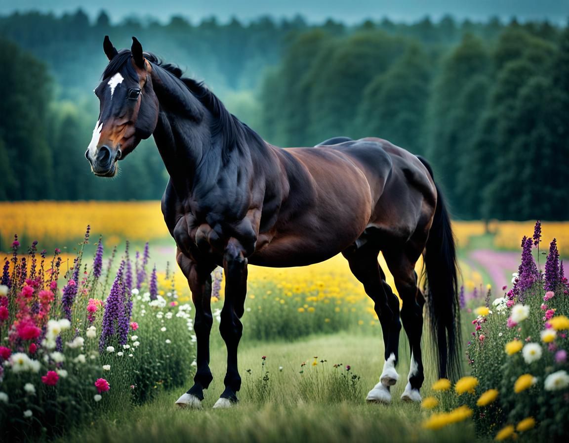 Majestic Horse in a Field of Flowers