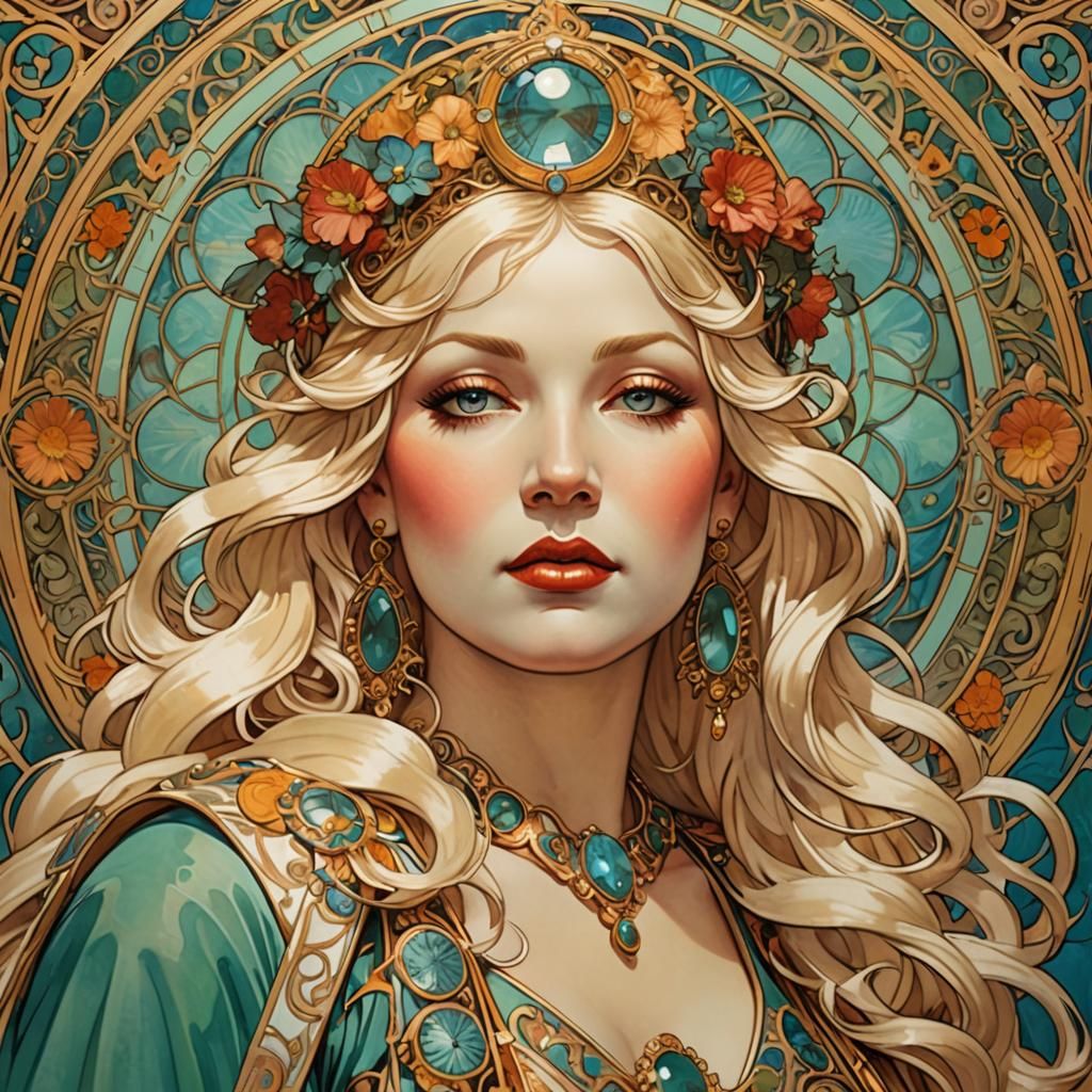 Mae West as Roman Goddess in Art Nouveau Style