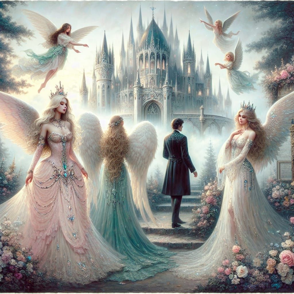 Ethereal Angels at White Castle in Romantic Setting